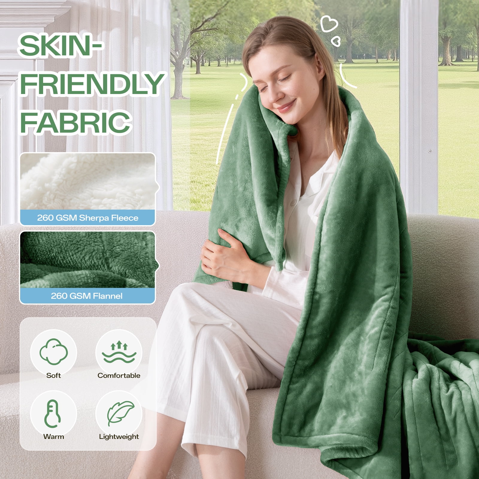ELEKA Electric Blanket Full Size，Soft Flannel & Sherpa Heated Blanket，1–10H Auto‑Off,8 Heating Levels，Warm Gift for Family ,84"x90" inches,Green