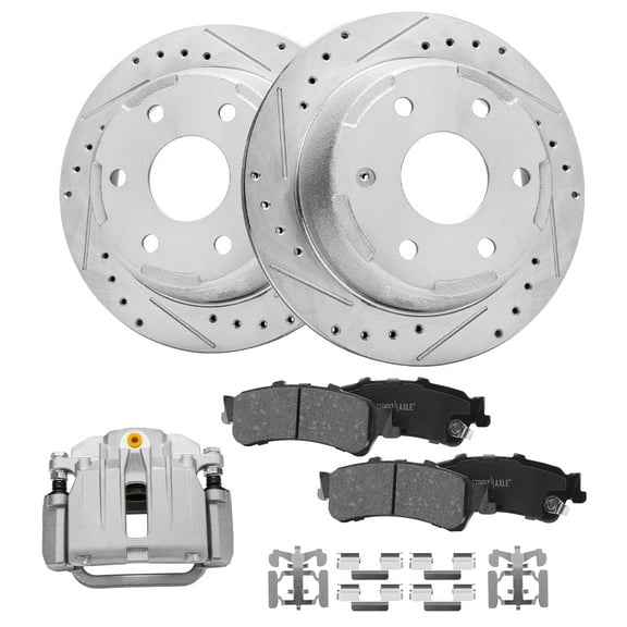 Detroit Axle - 325mm Rear Drilled & Slotted Rotors Brake Pads Left Caliper Replacement for 2003-2006 Chevrolet GMC Silverado Sierra 1500