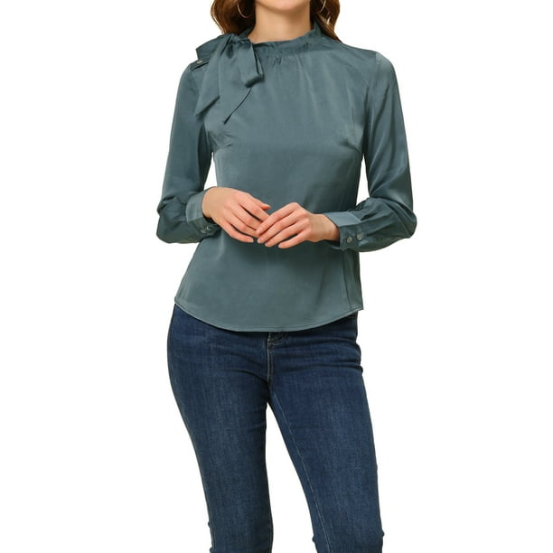 CAMISA DE SATÉN ELEGANTE PARA MUJERES INSPIRADA CHIC CON LAZO PARA OFICINA BLUSAS TOPS AZUL GRIS S