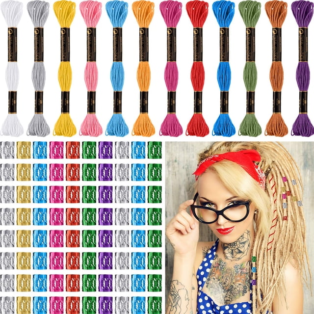 Juego de accesorios para el cabello de 162 piezas: 12 hilos trenzados para el cabello y 150 puños metálicos para el cabello en diseños coloridos