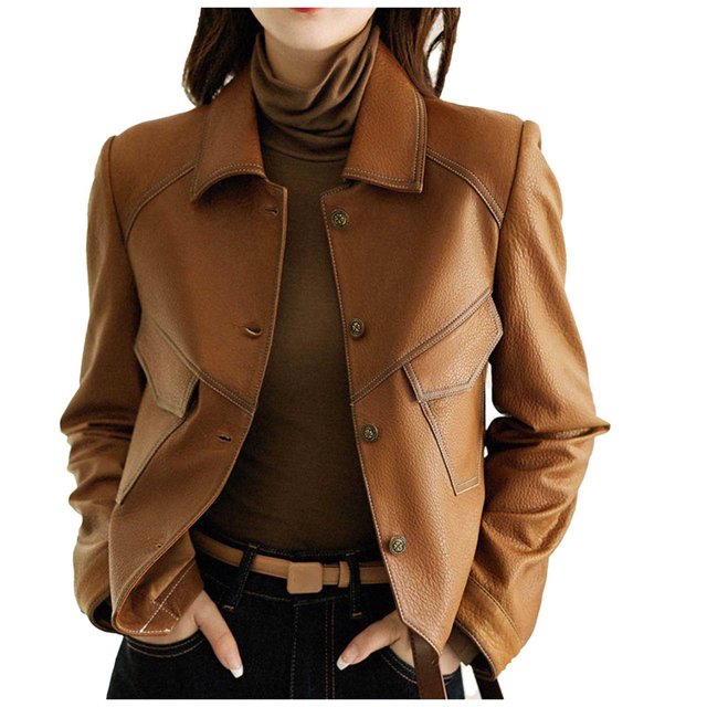 Veste Courte Ajustée en Faux Cuir Style Moto avec Doublure pour Occasions Décontractées