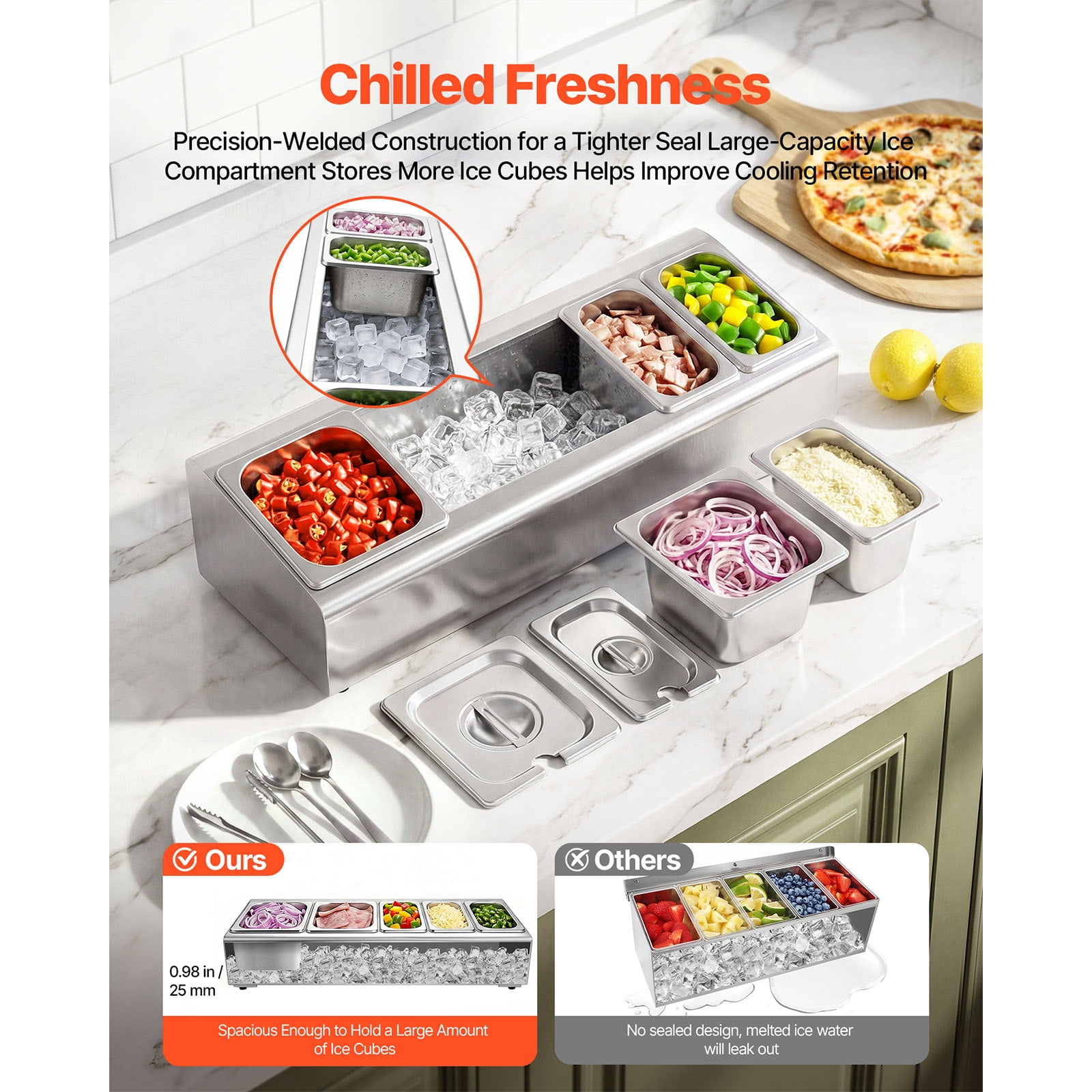 KFFKFF Countertop Food Serving Display Container, Stainless Steel Salad Server Tray, Buffet Condiment Dispenser, Ice-Cooled Rack with Individual Lids, Suitable for Restaurants,Hotels(2x1/6+3x1/9 Pan)