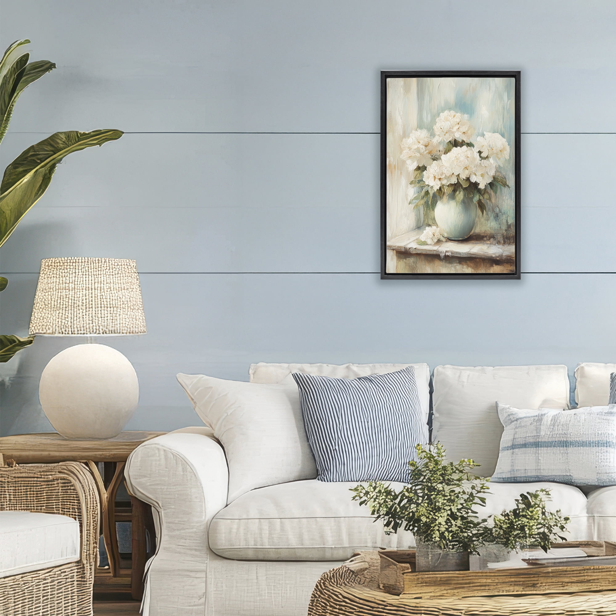 Stupell Industries Mantle Arrangement of Soft Blossoms Black Framed Floater Canvas Wall Art, design by Petal Prints Design