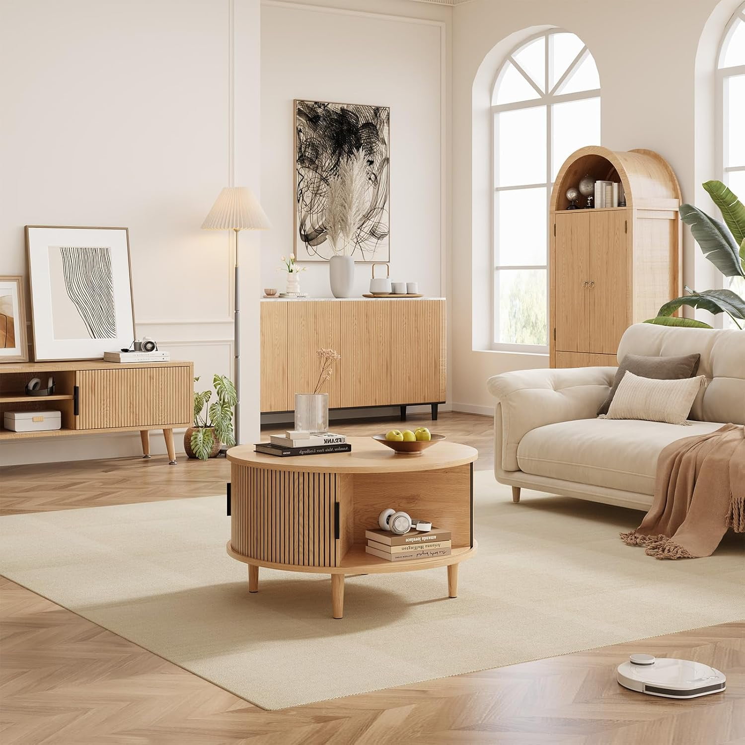 SELOOYE Mid Century Round Coffee Table, Fluted Center Table with Sliding Door, Modern Dining Table with Storage for Home Living Room Office, 31.5", Oak