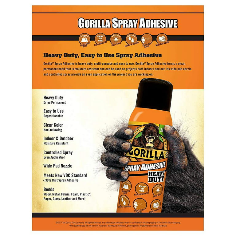 Gorilla Heavy Duty Spray Adhesive, Multipurpose and Repositionable, 14 Ounce, Clear, 3 Pack