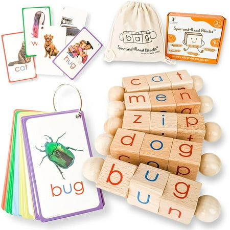LITTLE BUD KIDS Spin-and-Read Montessori Phonetic Reading Blocks with CVC Phonics Flashcards for Beginner Readers, Montessori Reading Wooden Toys for 3 years