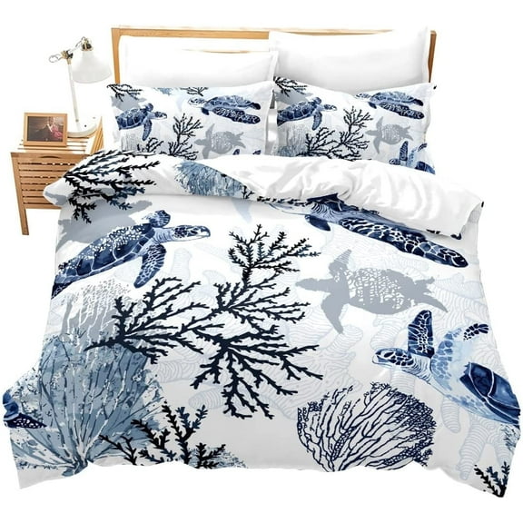 Turtle Bedding Set Queen Nautical Coastal Bedding,White Blue Sea Turtle Comforter Cover,Reptile Tortoise Duvet Cover Ocean Beach Theme Quilt Cover Kawaii Sea Animal Bedspread Cover (No Comforter)