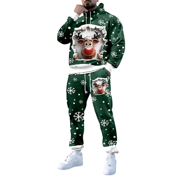 Men's Christmas Printed Festive With Lined Graphic Sweater Matching Pants Holiday Season Dark Green 4XL
