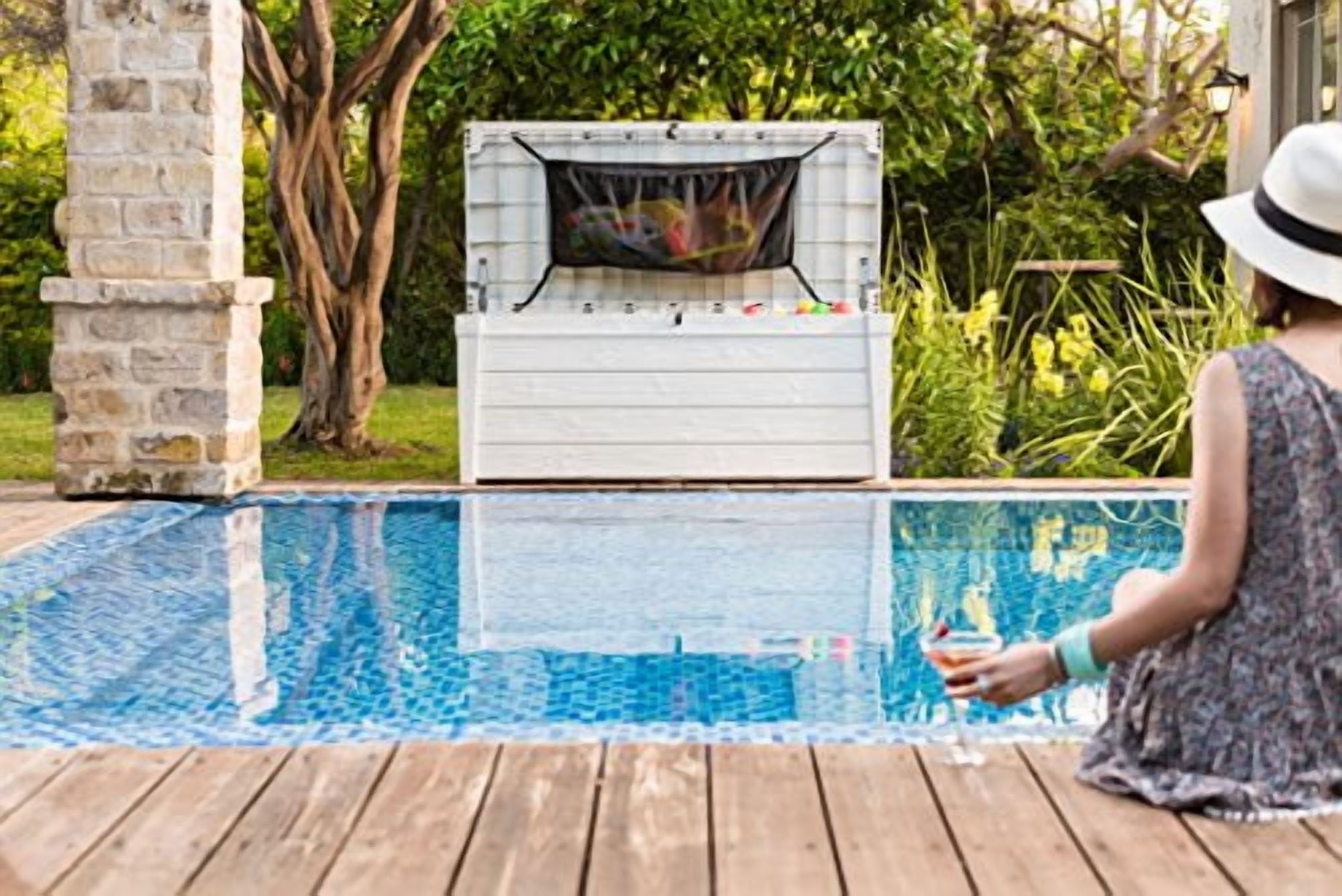 Keter Brightwood Outdoor Patio 120 Gallon Resin and Wood Deck Box with Pool Kit, Oasis White