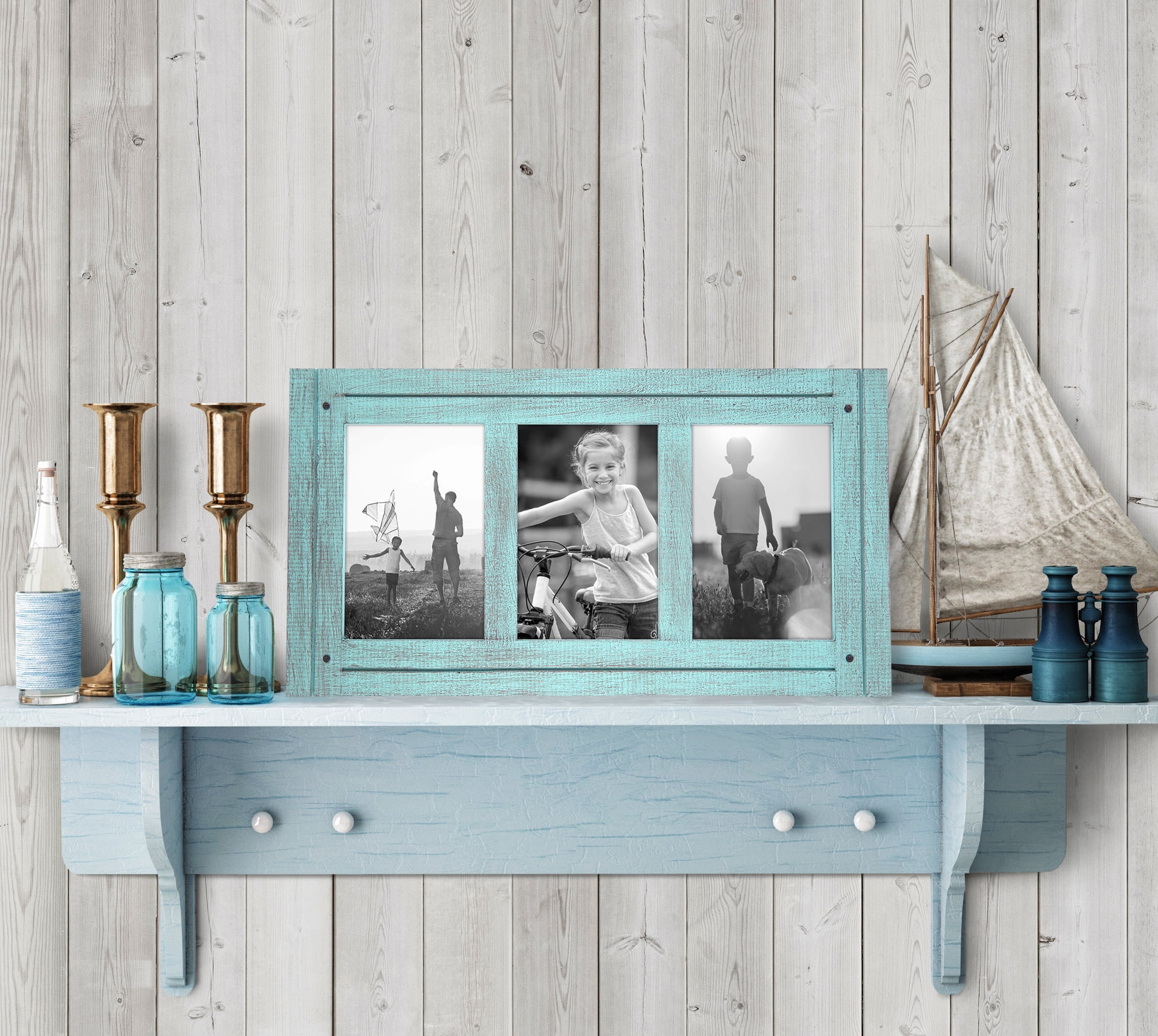 Americanflat 4x6 Collage Picture Frame with Glass distressed photos comes ready built hangers stand mantel - Blue
