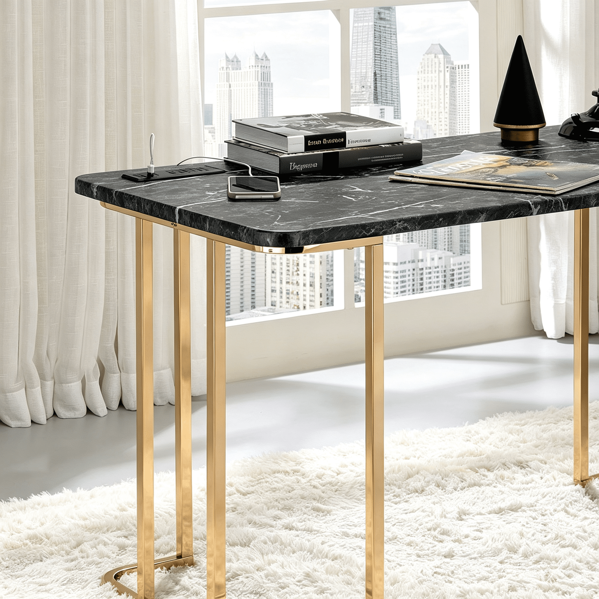 Astoutdoor Contemporary Desk with Faux Marble Top and Metal Frame, USB Port, Gold and Black Finish