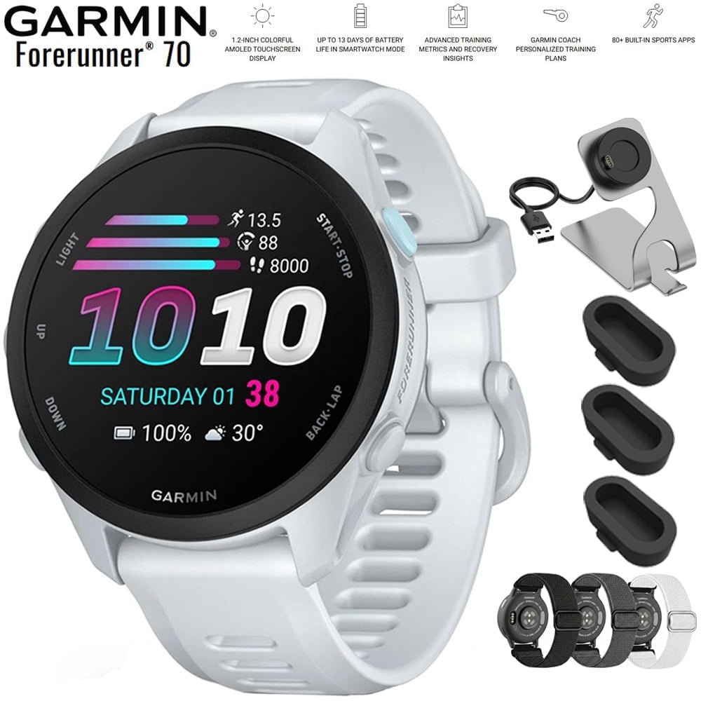 Garmin Forerunner 70 Whitestone 010-04307-01 Bundle with Bundle with Deco Essentials Nylon Elastic Bands 3 Pack, Deco Essentials Charging Dock and Silicone Dust Cover for Garmin Watch 3 Pack