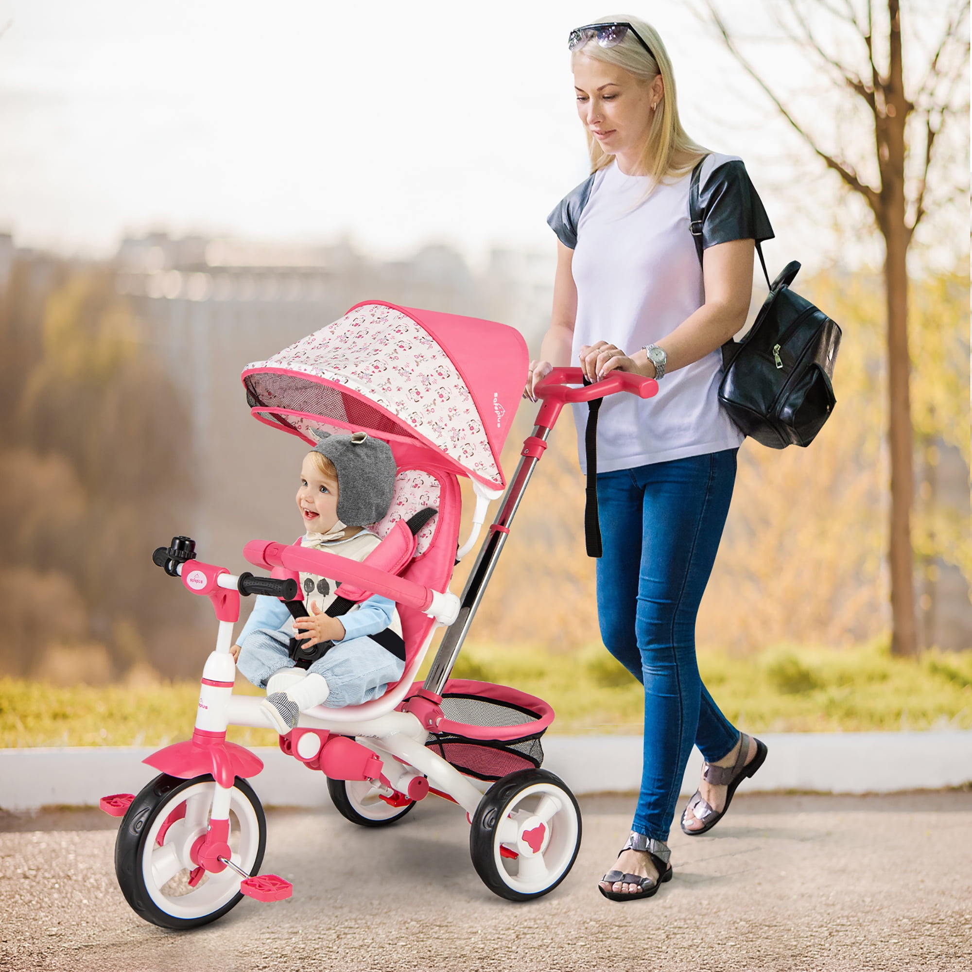 Gymax Baby Tricycle Stroller 6-in-1 Kids Push Trike w/ Removable 5-Position Canopy Pink