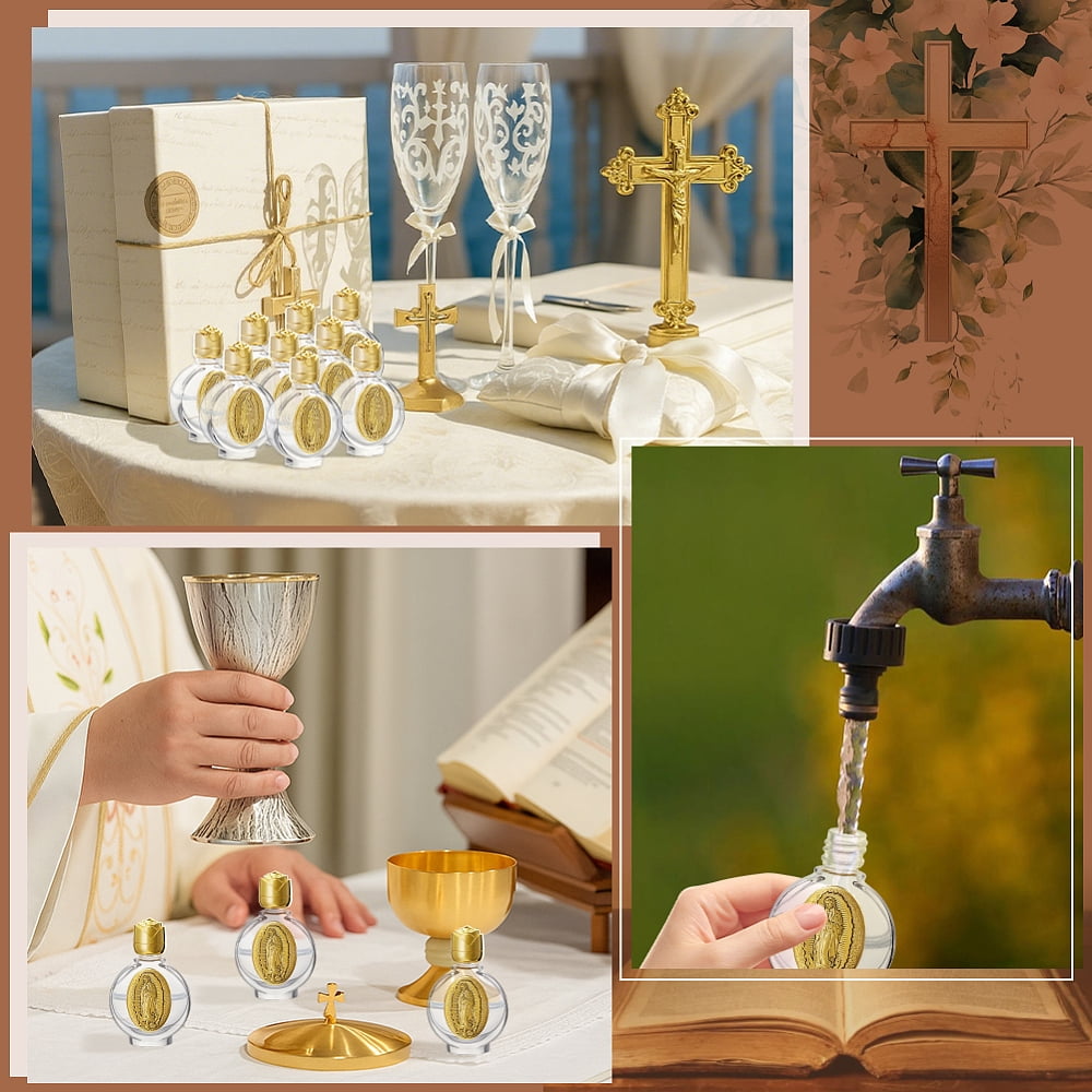 12 Pcs Holy Water Bottles 0.5 Floz Embossed Portable Empty Glass Travel Bottles with Lid Little Bottle Church Decorations
