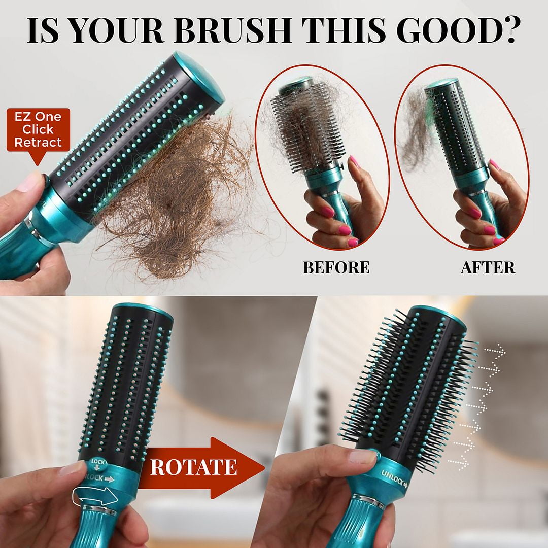 Hair Brushes for Women - Curly Hair Blow Dryer Brush Self Cleaning Detangler Round Brush for Blow Out - Roller Retractable Travel Blue Christmas Gifts