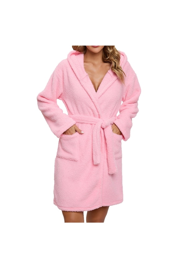 Ladies Soft Hooded Plush Bath Robe for Women Winter Warm Housecoat Loungewear Bathrobe Terry Towelling Cotton Dressing Gown Pink L