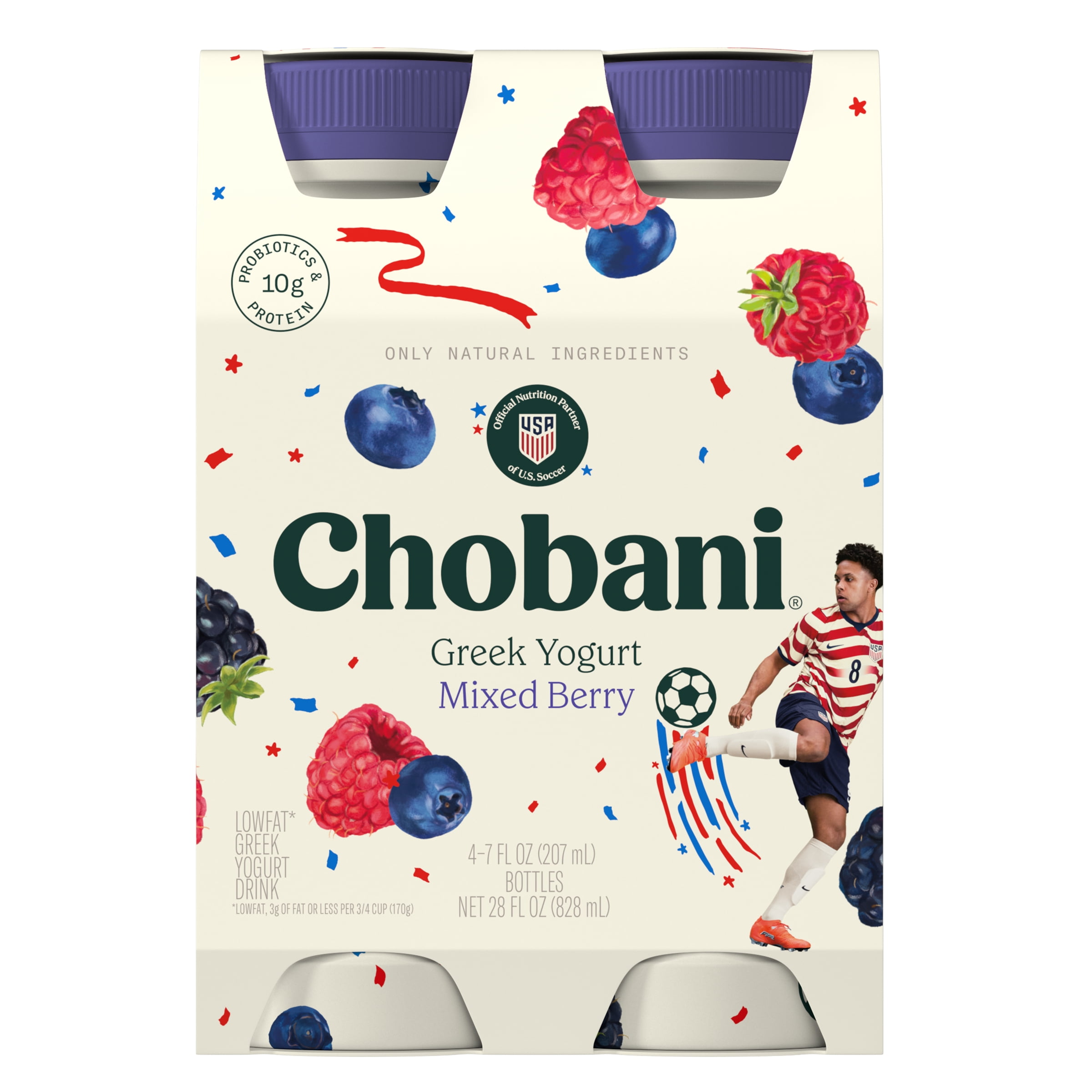 Chobani Low-Fat Greek Yogurt Drink Mixed Berry 7 fl oz Bottle, 4 Pack