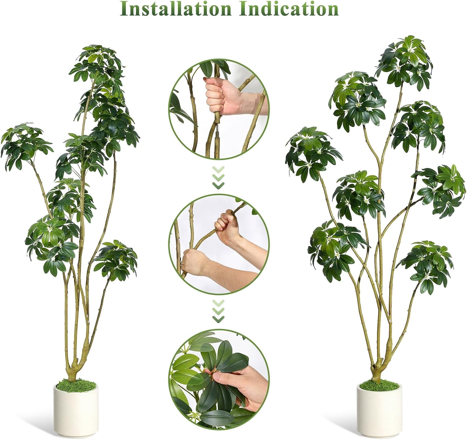 6ft Tall Artificial Umbrella Tree, Fake Indoor Plant with Multiple Trunks, Faux Schefflera Tree in Decorative White Planter, Real Touch Leaves