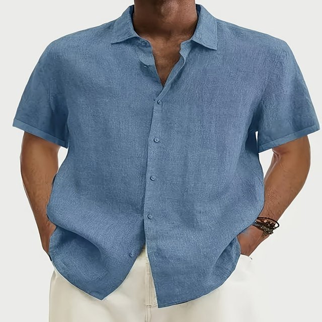 Men‘s Linen Casual Short Sleeve Shirts Button Down Summer Beach Shirt,M Light Blue