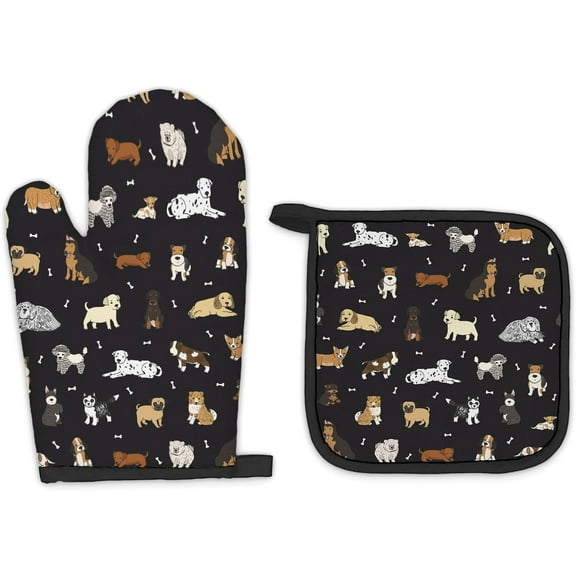 Dog Lover Gifts Black Oven Mitts and Pot Holders Sets, Gifts for Dog Lovers Kitchen Accessories Sets, Dog Owner Mom Gifts, Dog Themed Heat Resistant Oven Glove Potholders for Kitchen Baking