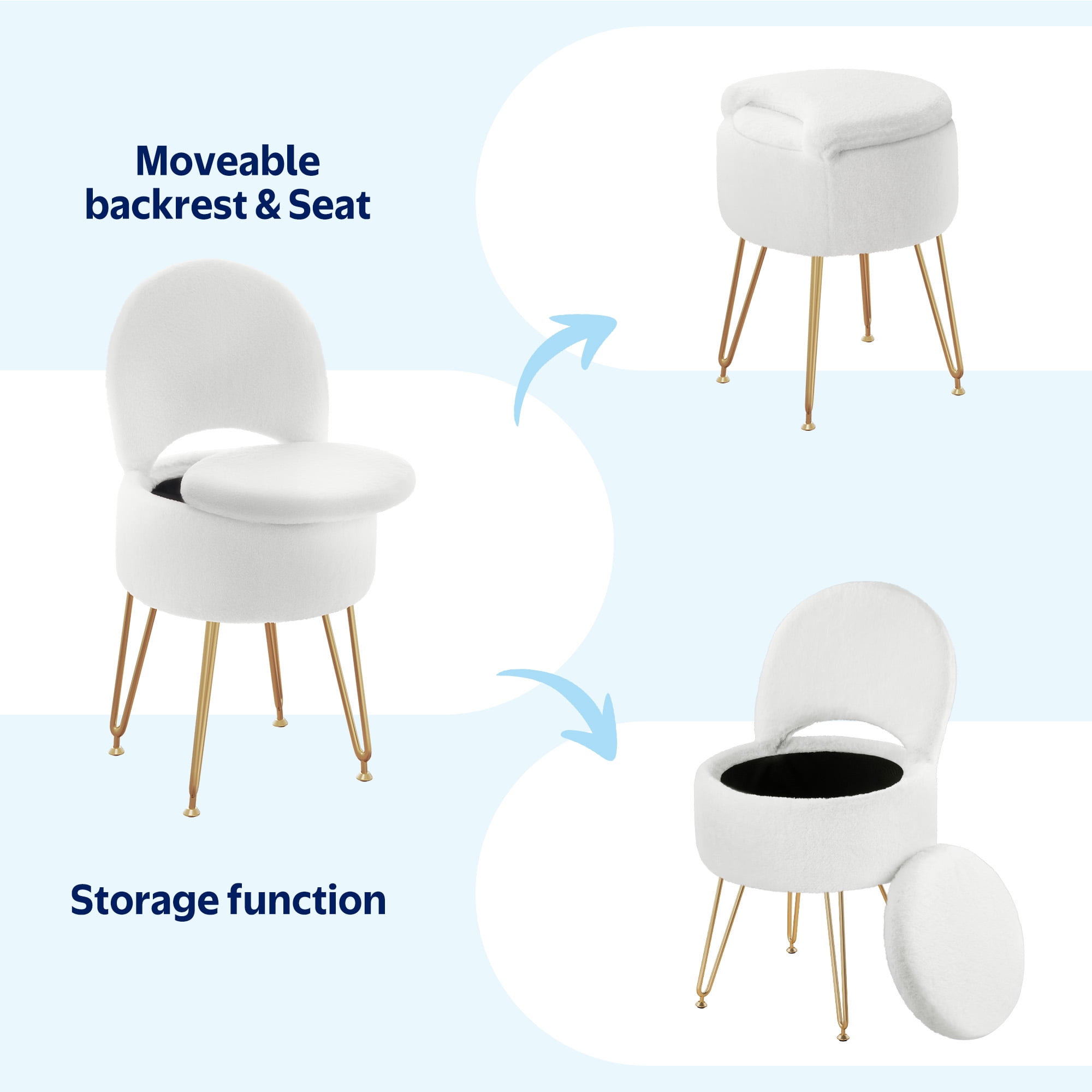 Greenstell Round Storage Ottoman, 12.9”L x 12.9”W x 17.6”H Upholstered Vanity Faux Fur Chair with Lumbar Support, Small Foot Stools Coffee Table Padded Seat for Makeup Room (White)