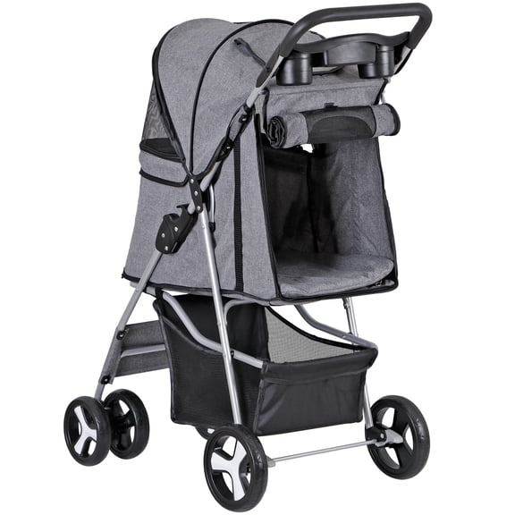 SuperDeal 4 Wheels Pet Stroller Foldable Carrier Strolling Cart for Cat Dog w/ Storage Basket Gray