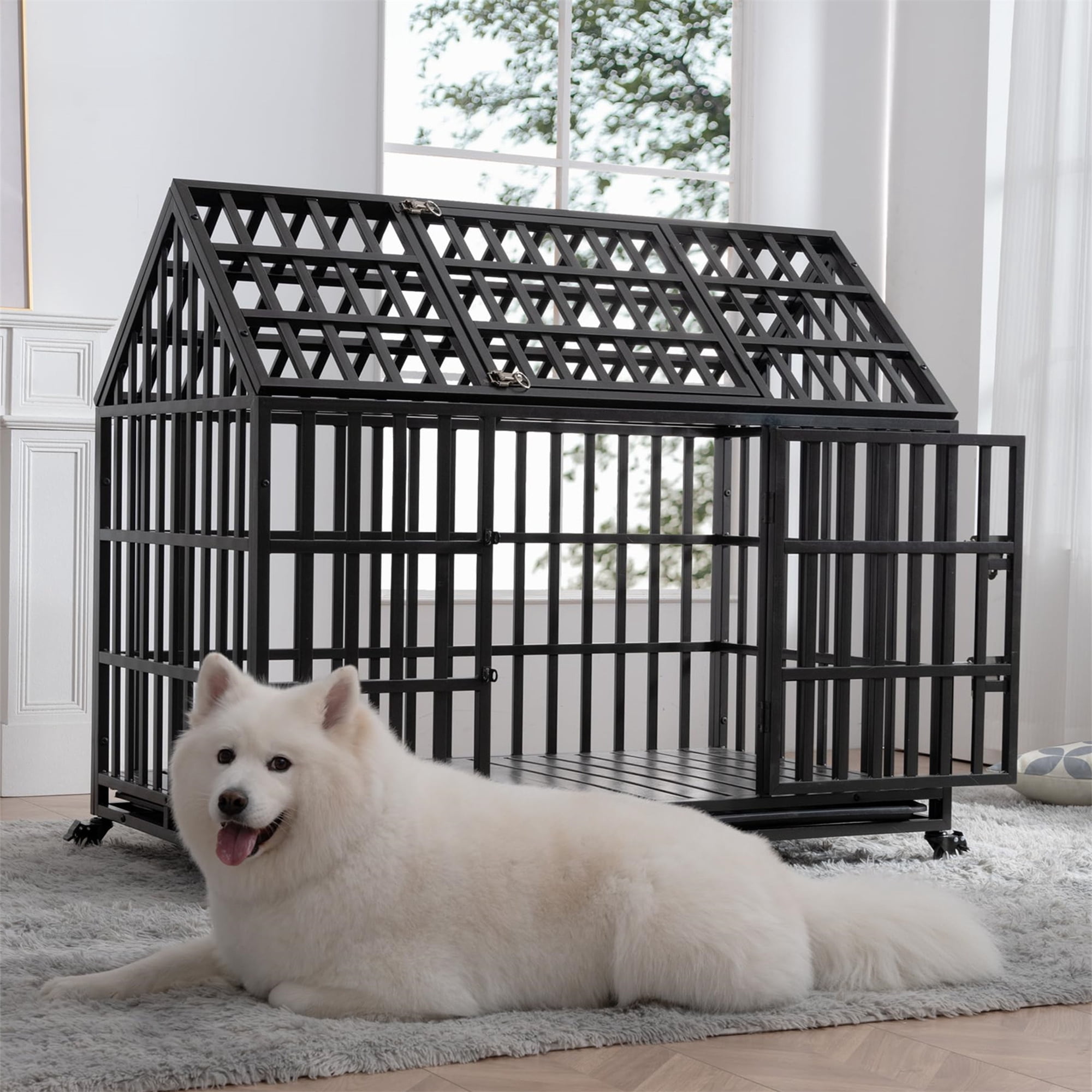 Aukfa 43/47/51 in Heavy Duty Indestructible Dog Crate, House Shape Escape Proof Dog Cage Kennel with Lockable Wheels & Removable Tray