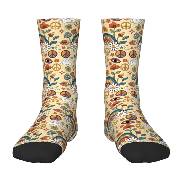 Wukai Mushrooms And Rainbows Peace for Children's Mid-tube Socks, Elastic Contrast Color Sports Socks, Suitable for Boys and Girls Aged 6-10