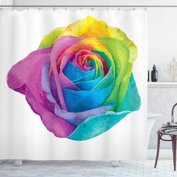 Vintage Rainbow Shower Curtain, Romantic Blooming Rose with Colorful Petals Love Flower Valentine's Day, Fabric Bathroom Set with Hooks, 69W X 75L Inches Long, Multicolor, by Ambesonne