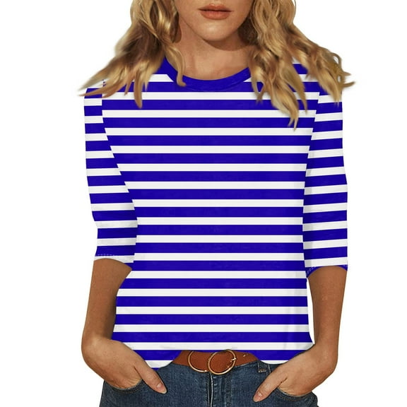 LISTHA 3/4 Length Sleeve Womens Tops Striped Going Out Tunic Tops Crew Neck Casual Trendy Shirts Summer Loose Blouses Purple XL