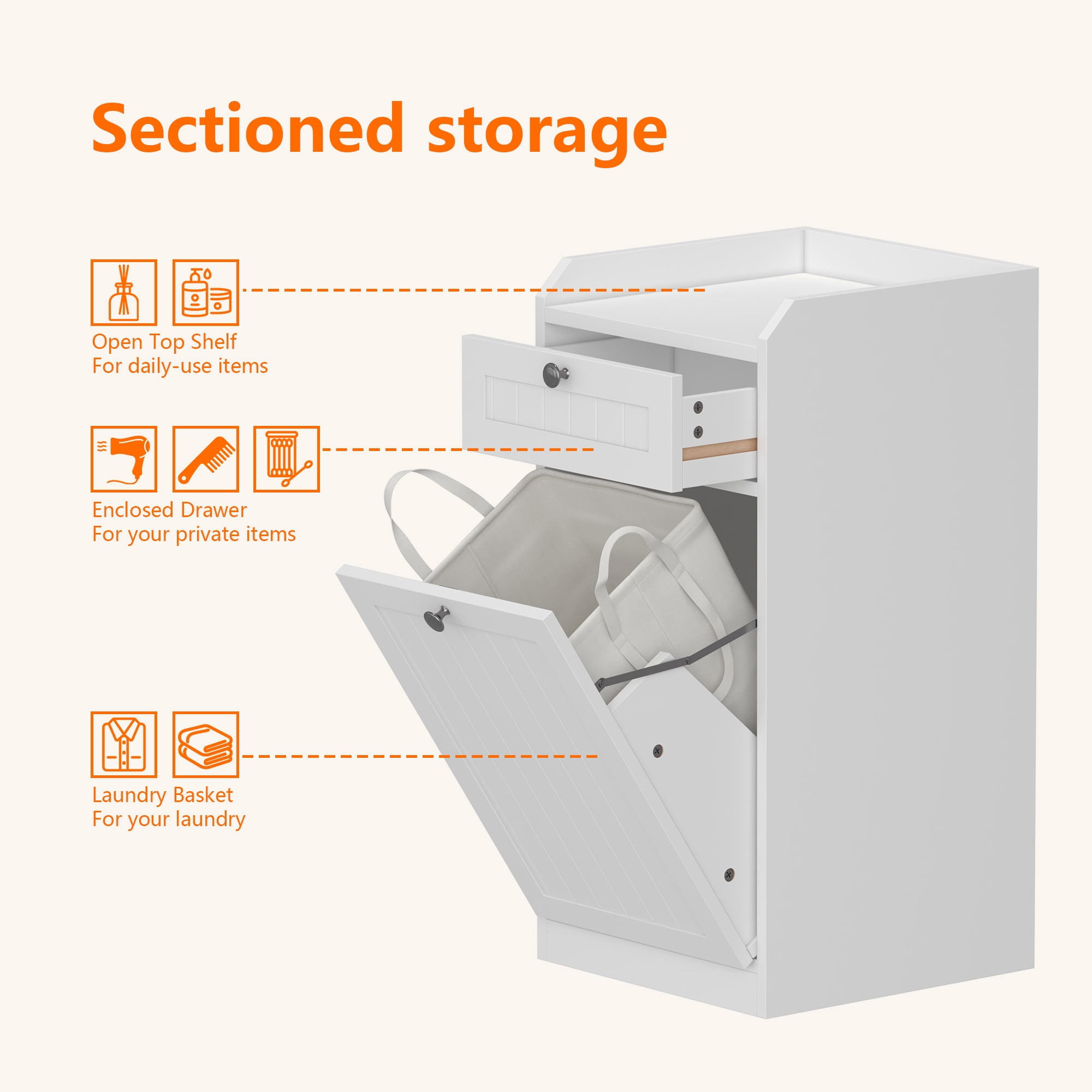 Bathroom Laundry Cabinet Tilted Cabinet with Drawer Storage Cabinet For Kitchen Trash Can Cabinet,White