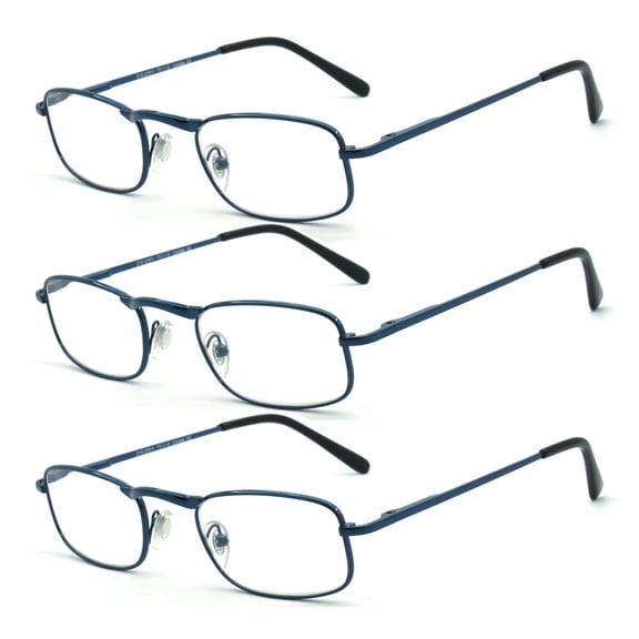 EYE ZOOM 3 Pairs Unisex Metal Frame Vintage Design Reading Glasses with Spring Hinge for Men and Women (Navy Blue, Strength: 3.00)