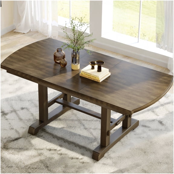 Acacia Wood Expandable Dining Table with Removable Leaf, Rustic Brown Farmhouse Table for 4 to 8 People