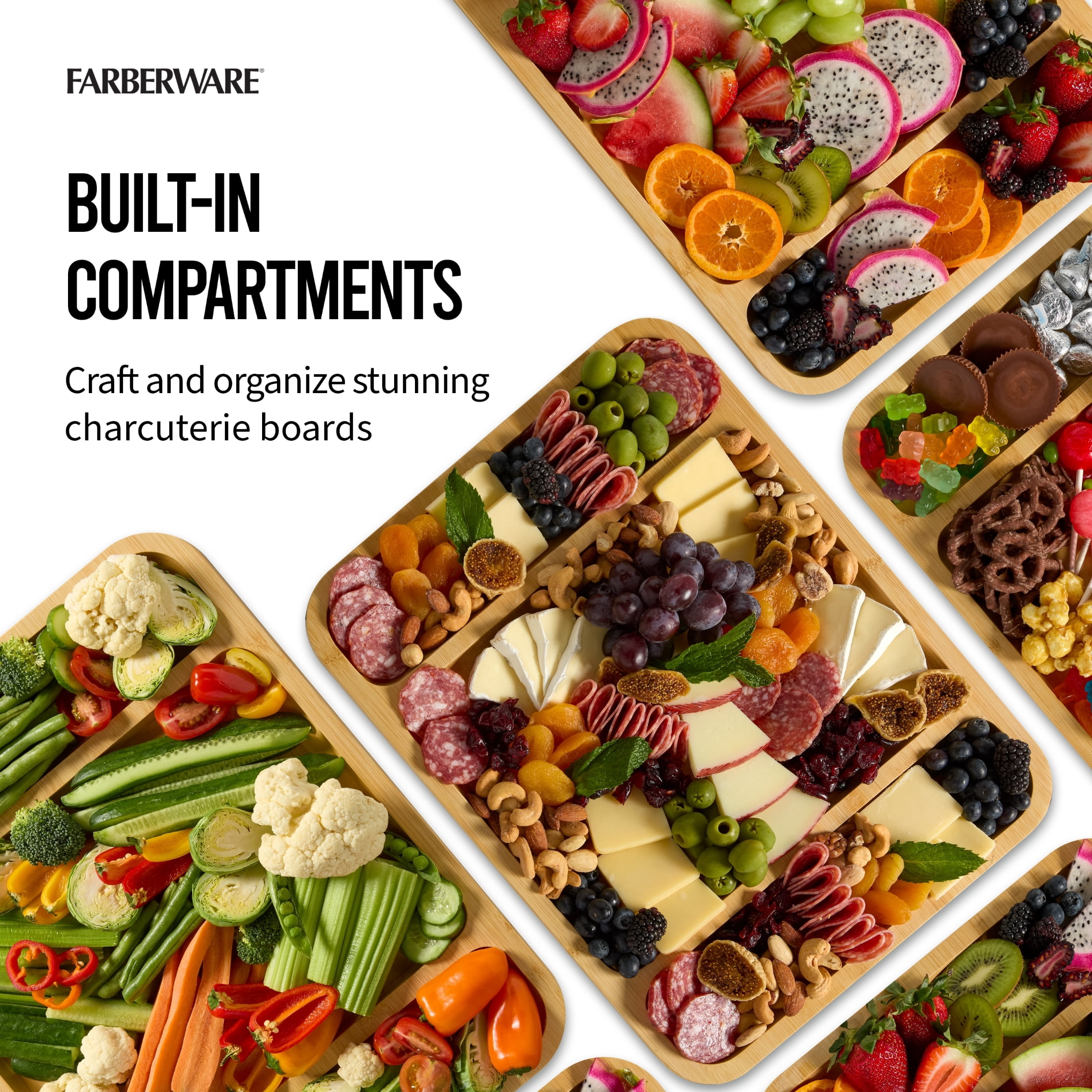 Farberware Build-a-Board 12x16-Inch Bamboo Charcuterie and Snack Board with 3 Compartments and Clear Locking Lid