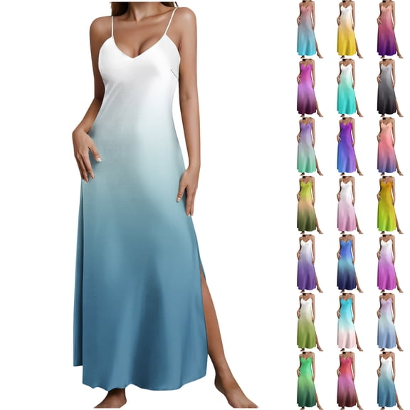 Kukoosong Nightgown for Women, Women's Sleeveless V-Neck Camisole Sleep Dress, Summer Casual Split Side Silk-Like Nightgown Sleepwear Nightdress