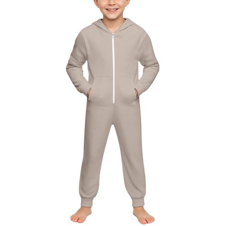 Glisme Boys Onesies 15-16 Years Round Neck Zipper Sweatshirt Hooded Romper Solid Color Long Sleeve Jumpsuit Casual Playsuit Khaki