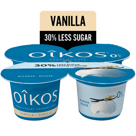 Oikos Greek Yogurt, Vanilla, Blended, 30% Less Sugar, 4 x 100 g