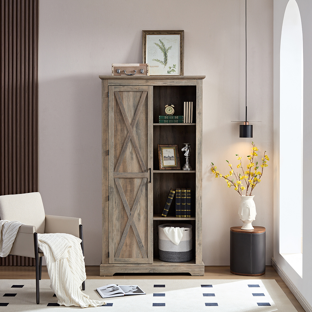 Resenkos Tall Storage Cabinet Barn Door Storage Country Wood Rustic Farmhouse Pantry Cupboard Barn Door Kitchen Organizer Furniture, Gray Wash