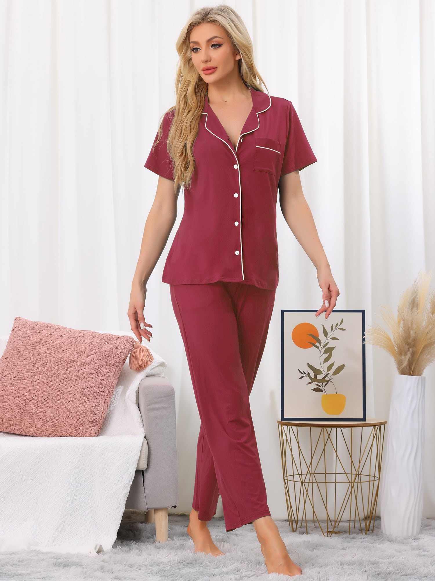 DARING DIVA Women's Pajama Set Button Down Soft Short Sleeve Long Pants XS Red
