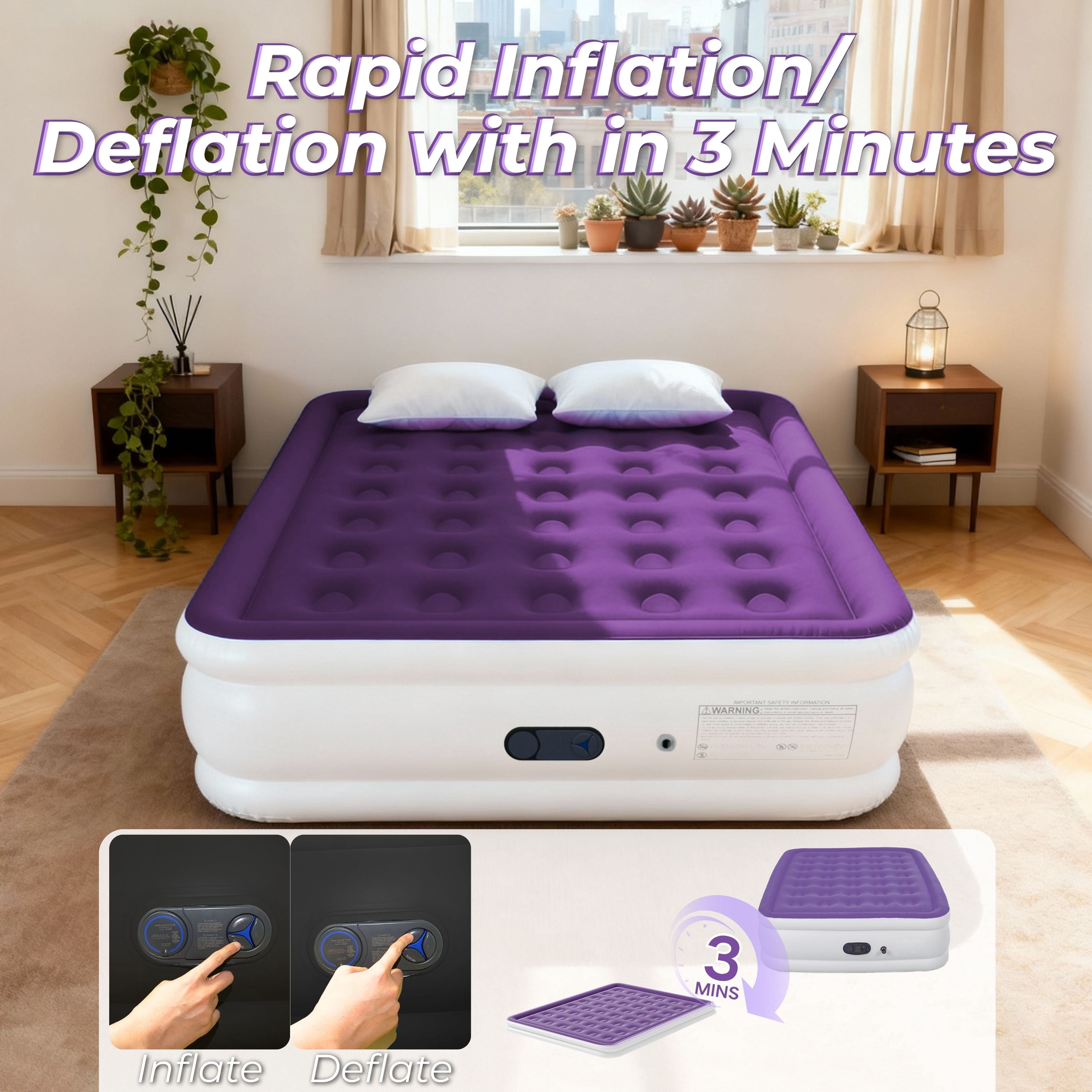 LussoAmor 18" Full Air Mattress with Built-in Pump, 3-Mins Self-Inflation, Blow Up Bed for Camping, Home & Guest, 600lb, Purple