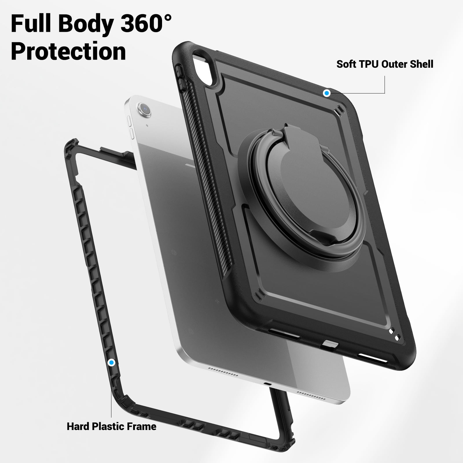 Shockproof Case for Apple iPad 11th 10th Generation 2025 2022, Rugged Hybrid Protective Cover with Pencil Holder & Shoulder Strap Kids Friendly Rotating Stand Case for iPad 11th 10th Gen, Black