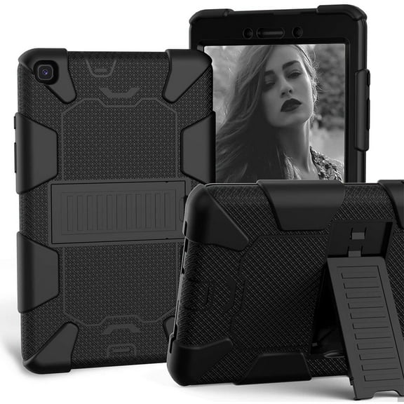 For Samsung Galaxy Tab A 8.0 2019 / T290 / T295 Dual layer Shockproof Heavy Duty Hybrid Silicone Kickstand Tablet Case Cover Black/Black