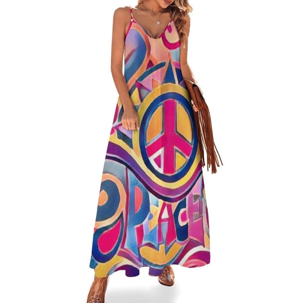 Vestido de noche sin mangas con diseño retro hippie Peace and Love, vestido sexy para mujer color morado