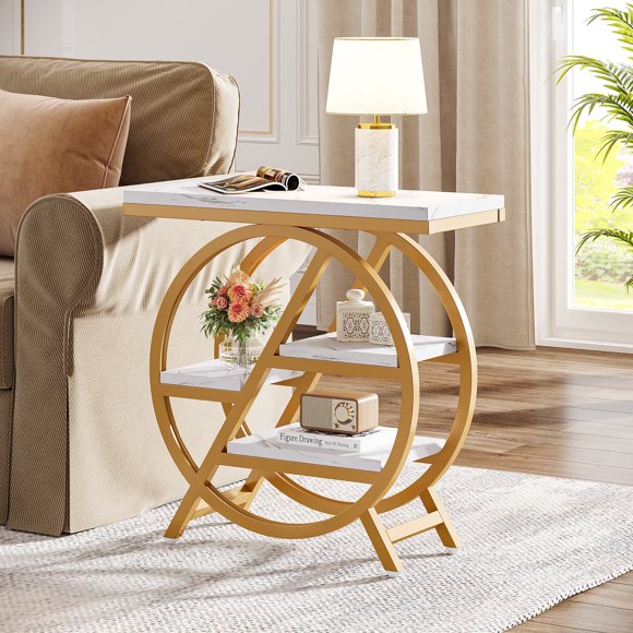 Fnova Side Table with Circular Metal Frame, End Table with 4-Tier Shelves for Living Room, White Gold