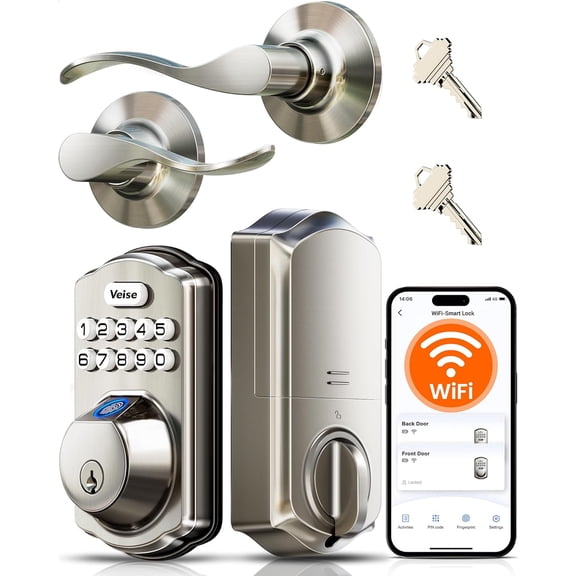 Veise VE012W-B Smart Wi-Fi Deadbolt Lock with Handle Set, Satin Nickel | Voice & Remote App Control, No Hub Needed, Fingerprint, 2 Levers, Auto Lock, IP55 Waterproof, Backlit Keypad, for Front Door