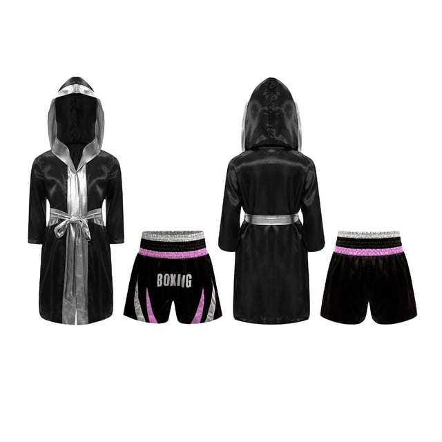 RUNQHUI Costume de Boxe pour Garçons Manches Longues Robe de Boxe et Shorts Muay Thai Ensemble 2 Pcs pour Arts Martiaux Rose&Argent 8