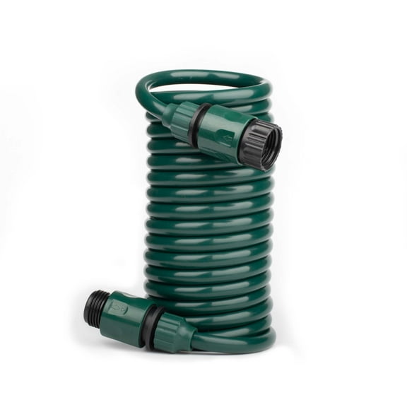 FUNJEE 1/2" Heavy-Duty EVA Coil 10 ft Garden Hose with Nipple QD Fittings, Female and Male Thread QD Fittings, Garden Tool Set (15FT, Green)