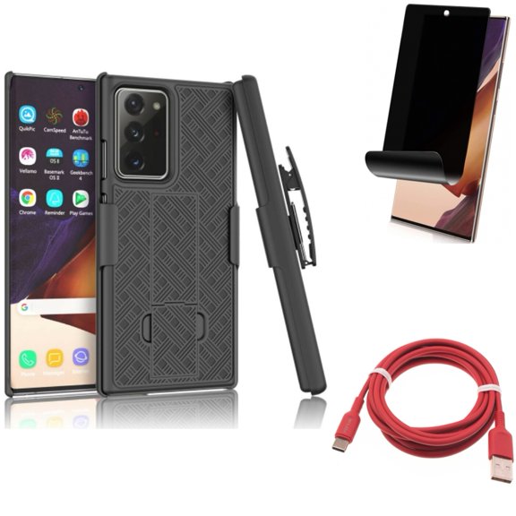 Case Belt Clip & Privacy Screen Protector & 6ft USB-C Cable for Samsung Galaxy Note 20 Ultra (6.9") - Combo with Holster Swivel & TPU Film Anti-Peep & Red Charger Cord