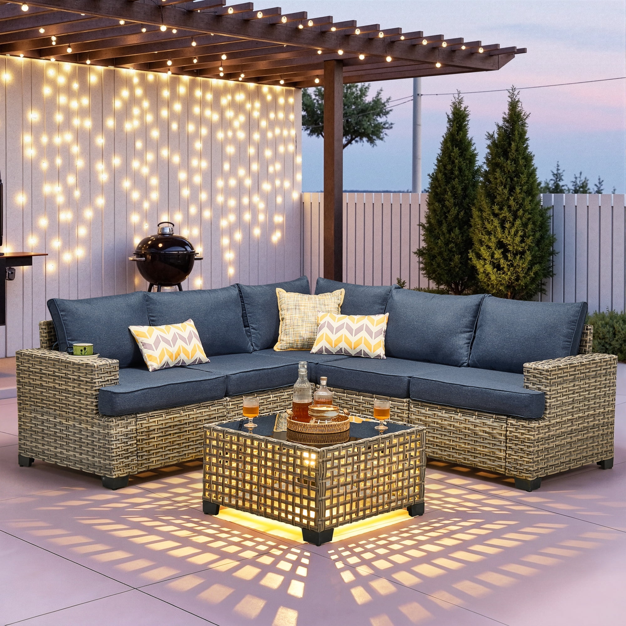 Ovios 6-Piece Outdoor Patio Furniture Set with Solar-Powered Lighted Coffee Table, All-Weather Wicker L-Shaped Sectional Sofa, Denim Blue