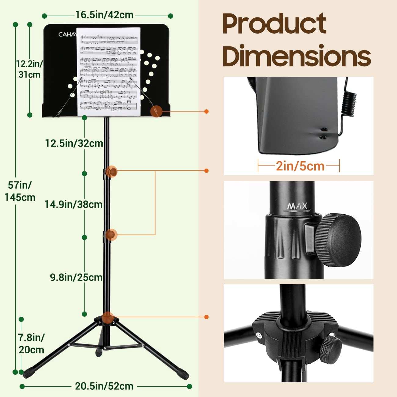 CAHAYA Portable sheet music stand: 3 in 1 Dual-use Sheet Music Stand & Desktop Book Stand Adjustable 31.4–55.9 in with Book Stand Support, Carrying Bag